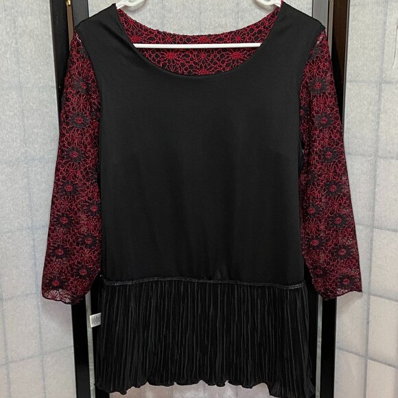 Christopher Banks Long Sleeve Overstitch Lace Sheer Lined Ruffle Tunic Red Black - Picture 5 of 11